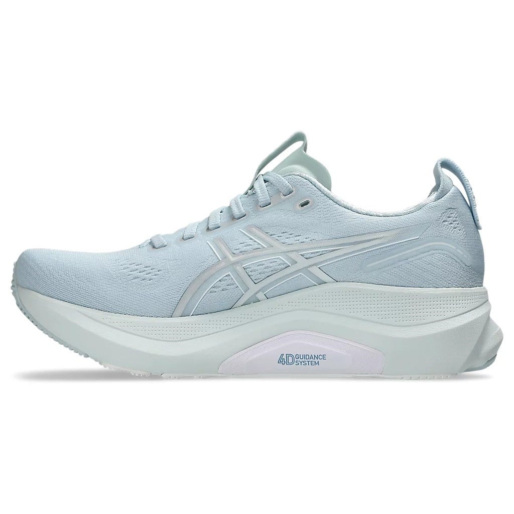 Light blue running shoe with white sole on a white background