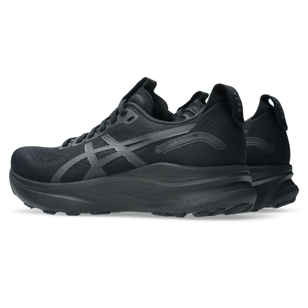 Black running shoe with visible brand logo on a white background