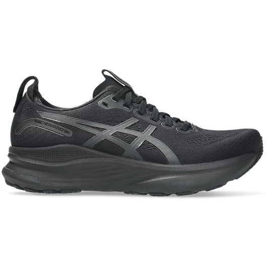 Black running shoe with gray accents on a white background