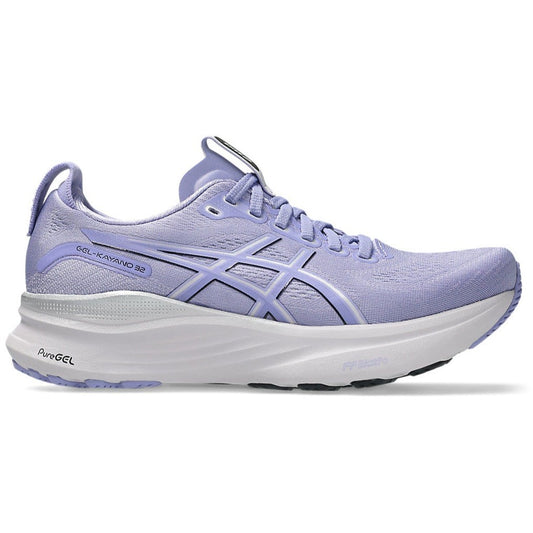 Purple running shoe with white sole on a white background