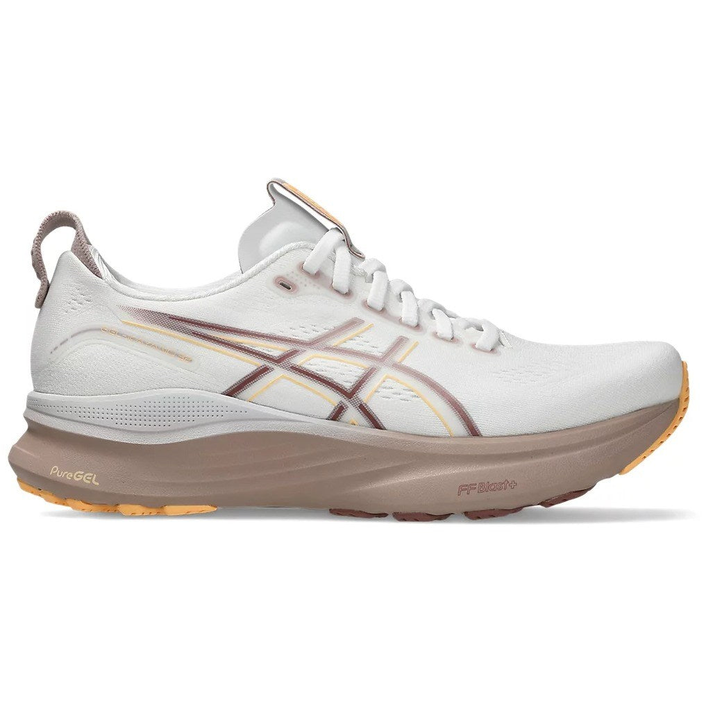 White running shoe with brown accents on a white background