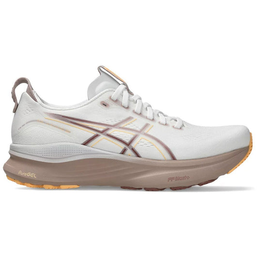 White running shoe with brown accents on a white background