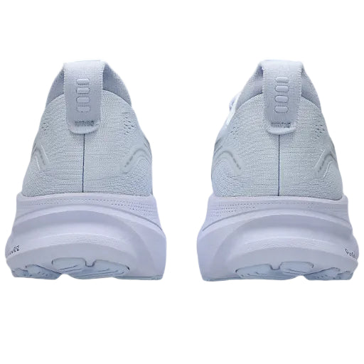Light blue athletic shoes shown from the back on a white background
