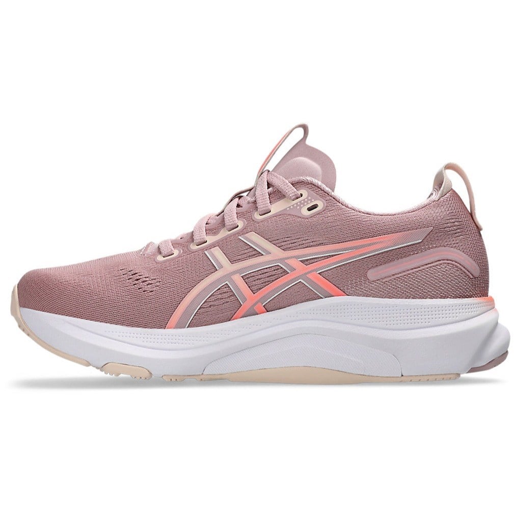 Pink running shoe with white sole on a white background