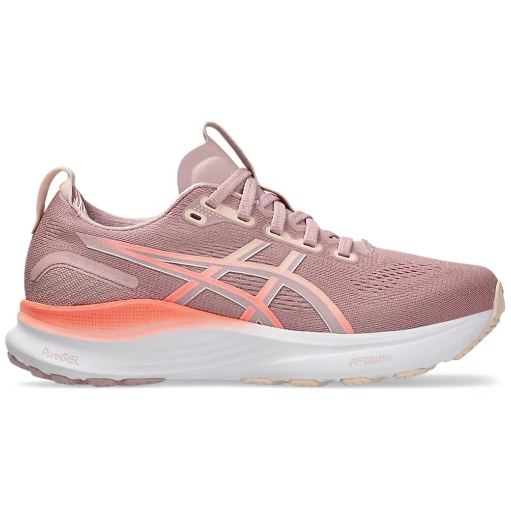 Pink running shoe with white sole on a white background