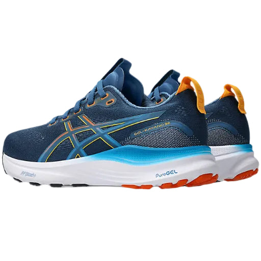 Blue and orange running shoes with 'PureGEL' branding on a white background