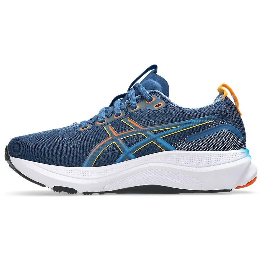 Blue running shoe with white sole on a white background