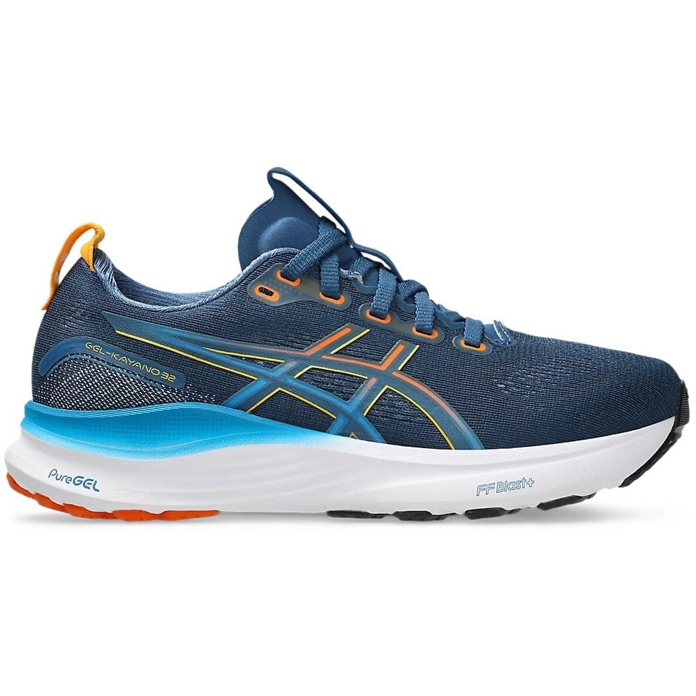 Blue running shoe with orange accents on a white background
