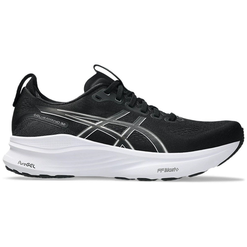 Black running shoe with white sole on a white background