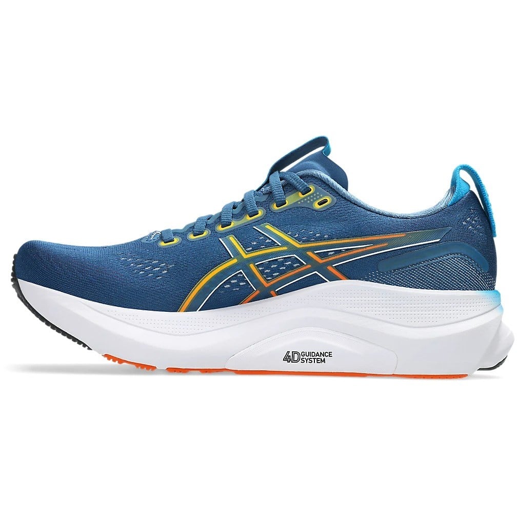 Blue running shoe with white sole on a white background