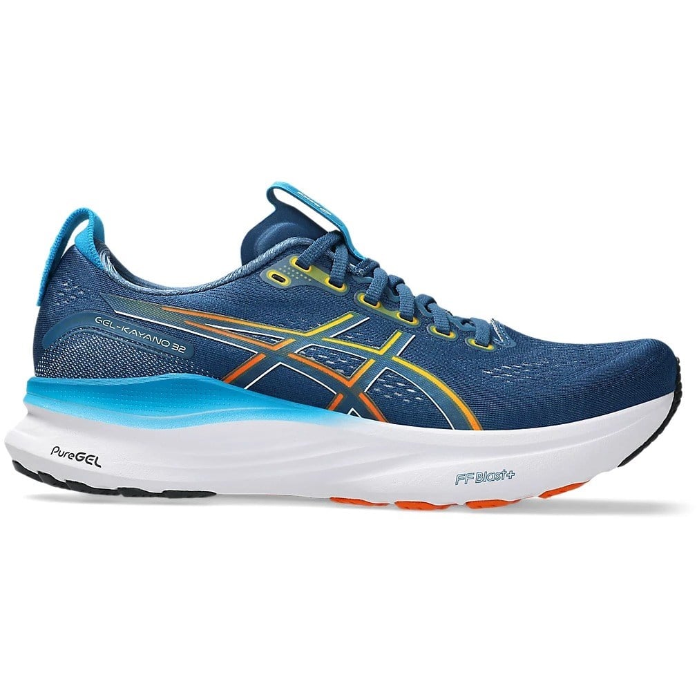 Blue running shoe with white sole on a white background