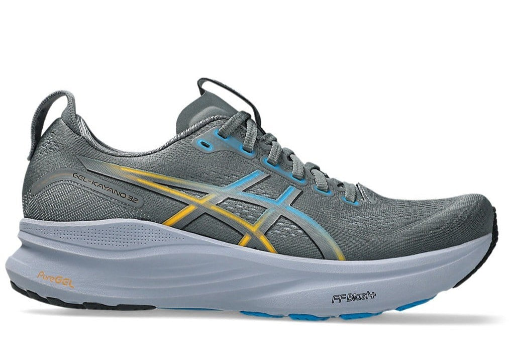 Gray running shoe with blue and yellow accents on a white background