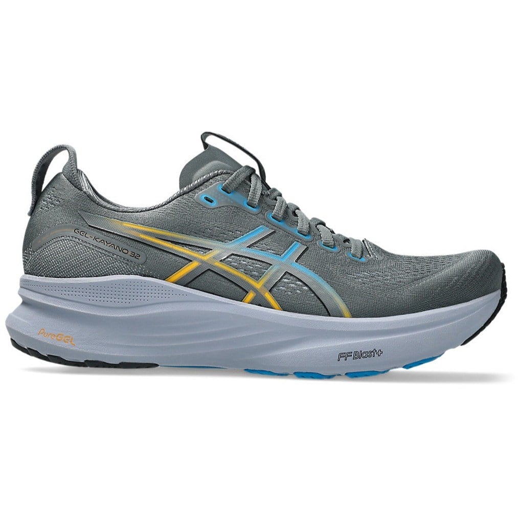 Gray running shoe with blue and yellow accents on a white background