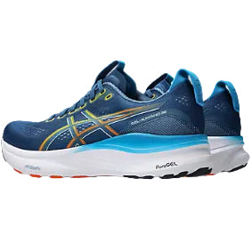 Blue running shoe with orange accents on a white background