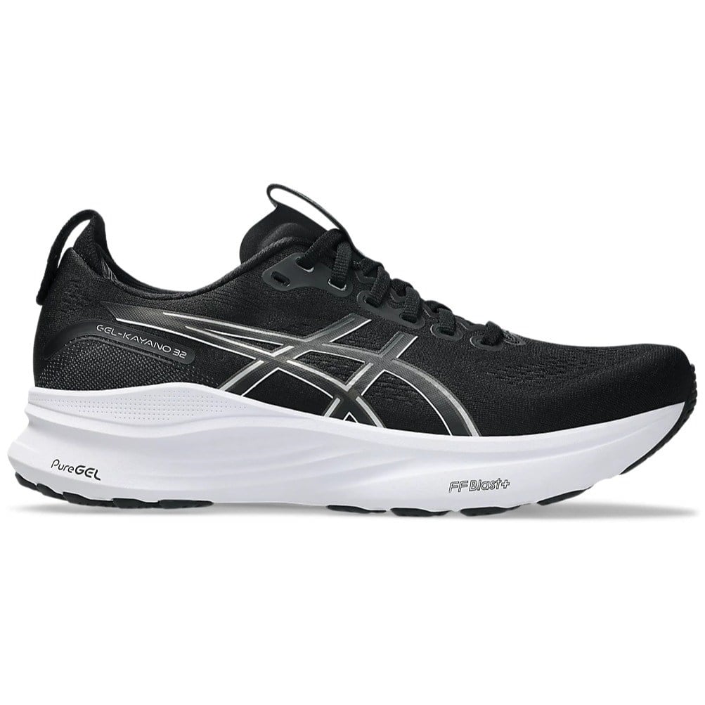Black running shoe with white sole on a white background