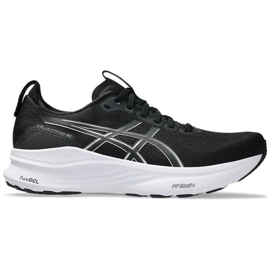 Black running shoe with white sole on a white background