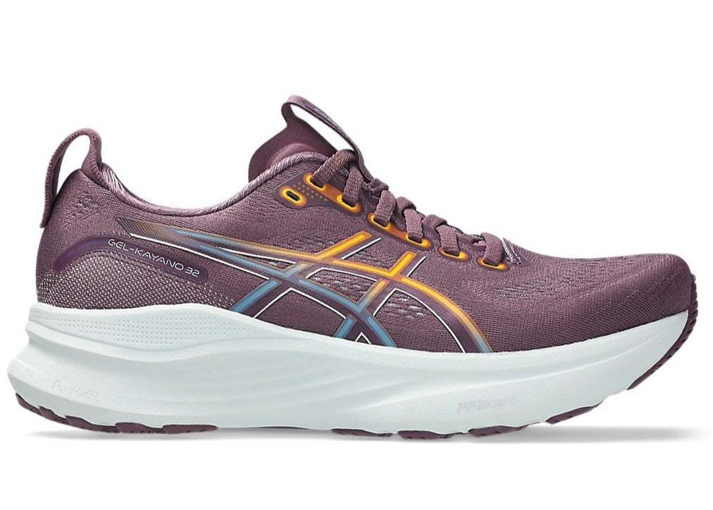 Purple running shoe with white sole on a white background