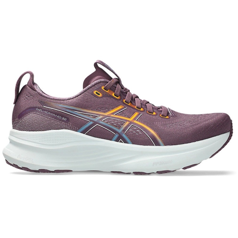 Purple running shoe with white sole on a white background
