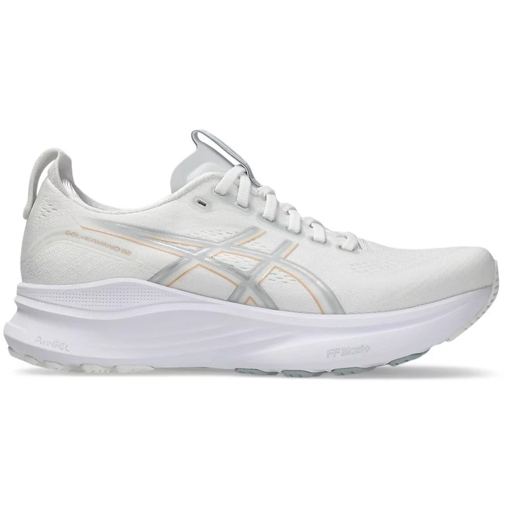 White running shoe with gray accents on a white background