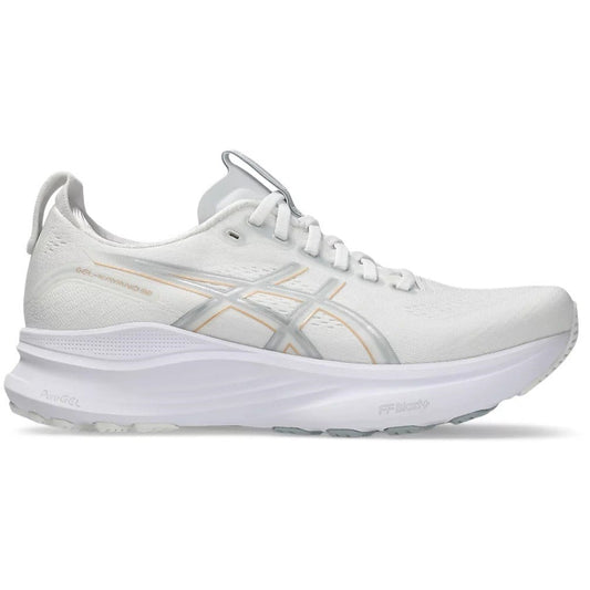 White running shoe with gray accents on a white background
