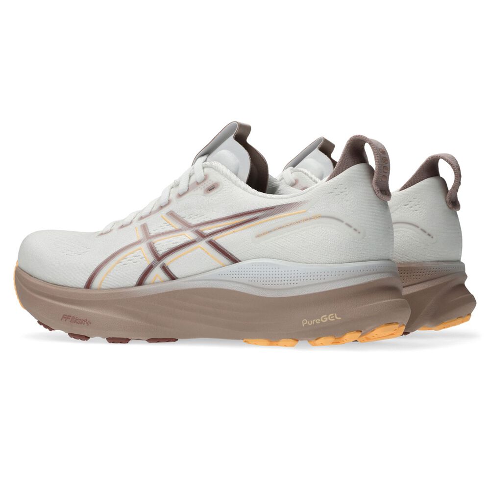White and brown running shoe with 'PureGEL' branding on a white background