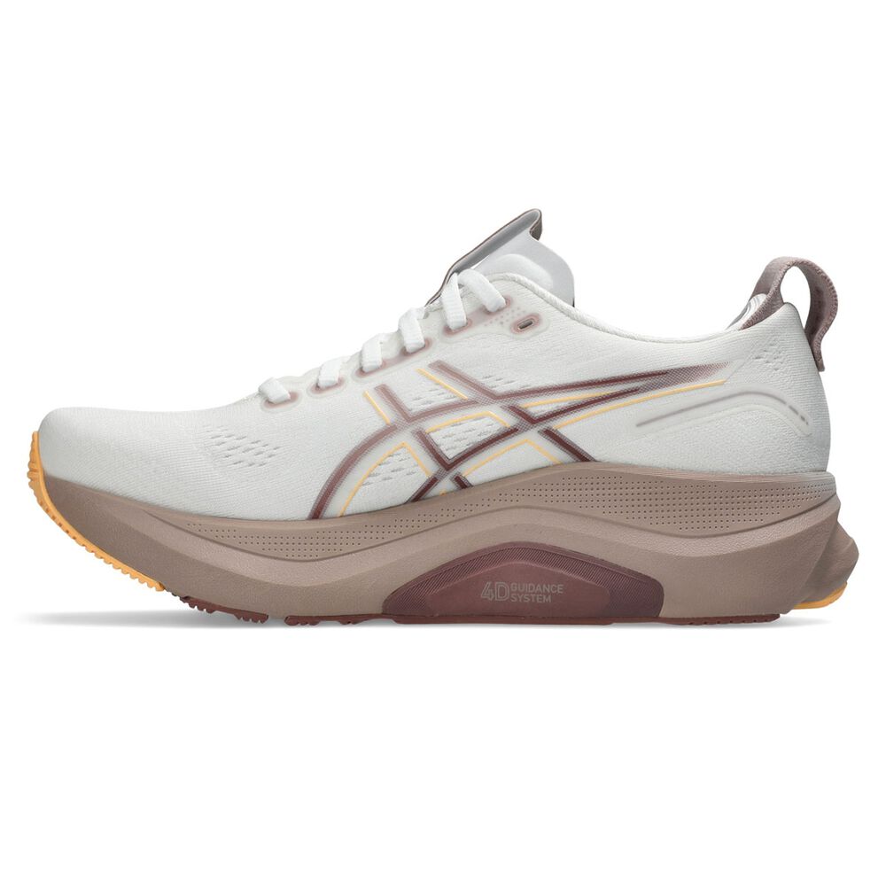 White running shoe with brown sole on a white background
