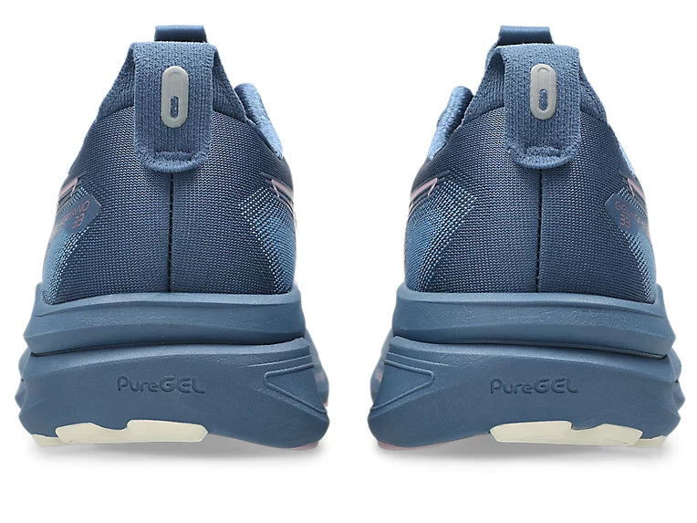 Blue running shoes with 'PureGEL' branding on a white background