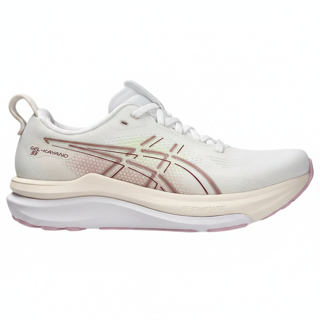 White running shoe with pink accents on a white background