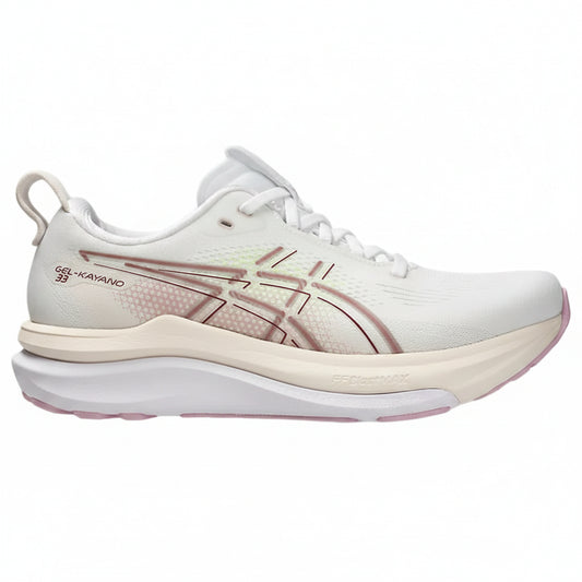 White running shoe with pink accents on a white background