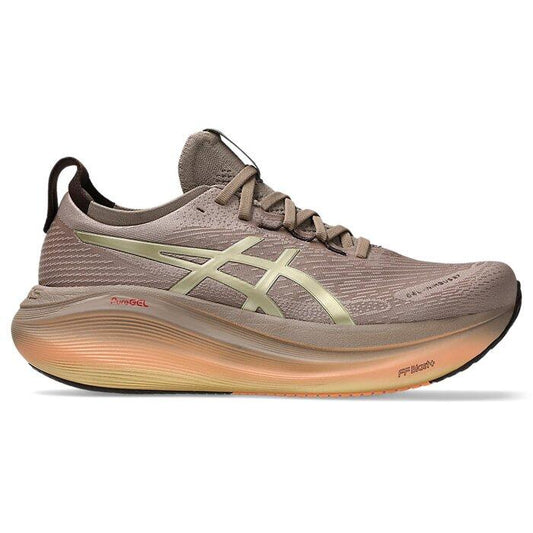 Gray running shoe with a visible brand logo on a white background