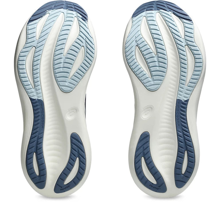 A pair of Asics Gel Nimbus 27 running shoes for women in Indigo Fog/ Cool Grey color, featuring a mesh upper material and a white midsole.