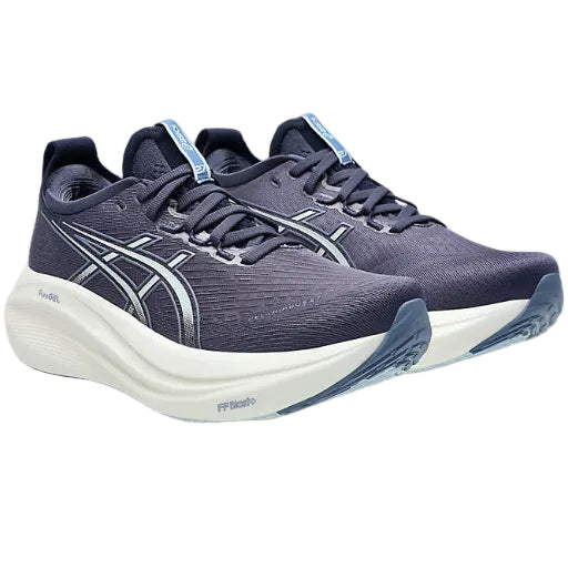 A pair of Asics Gel Nimbus 27 running shoes for women in Indigo Fog/ Cool Grey color, featuring a mesh upper material and a white midsole.