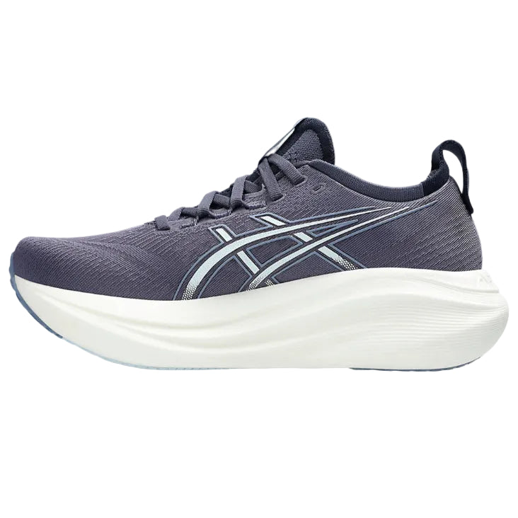 A pair of Asics Gel Nimbus 27 running shoes for women in Indigo Fog/ Cool Grey color, featuring a mesh upper material and a white midsole.