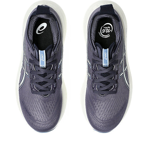 A pair of Asics Gel Nimbus 27 running shoes for women in Indigo Fog/ Cool Grey color, featuring a mesh upper material and a white midsole.