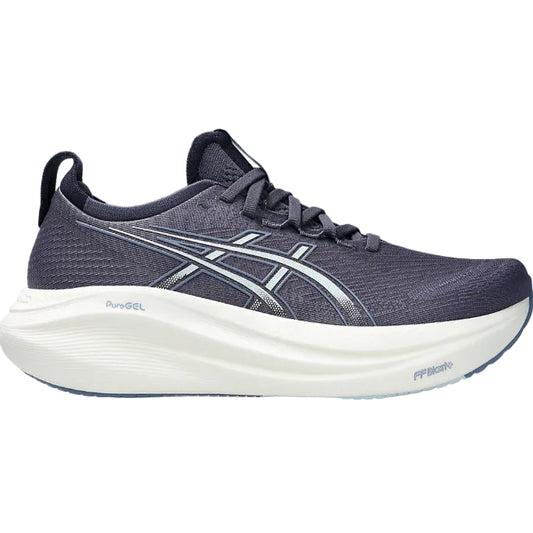 A pair of Asics Gel Nimbus 27 running shoes for women in Indigo Fog/ Cool Grey color, featuring a mesh upper material and a white midsole.