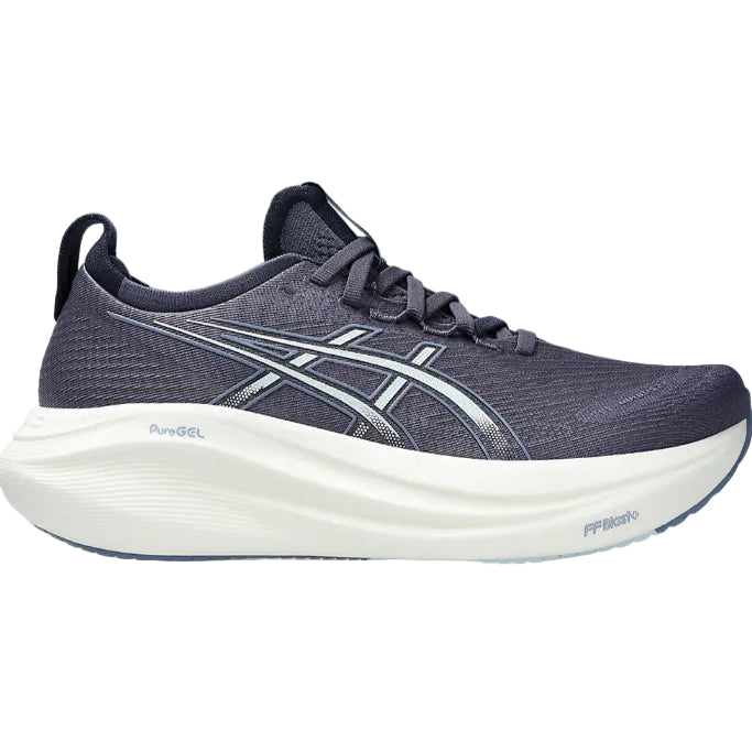 A pair of Asics Gel Nimbus 27 running shoes for women in Indigo Fog/ Cool Grey color, featuring a mesh upper material and a white midsole.