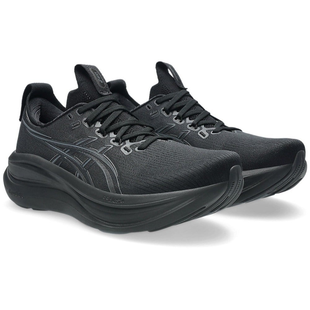 Pair of black running shoes on a white background