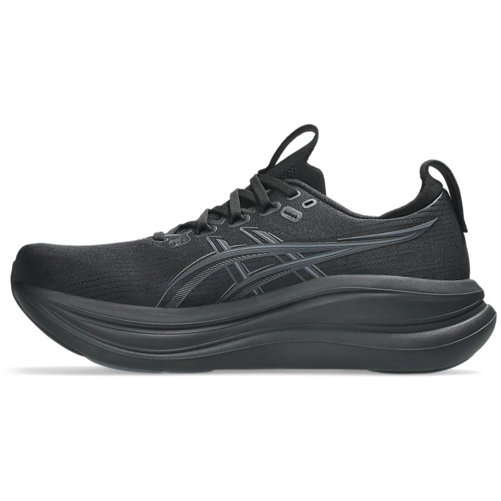 Black running shoe on a white background