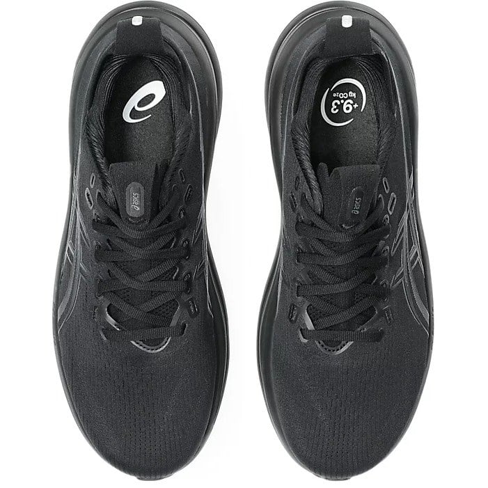 Black running shoes with brand logo on a white background