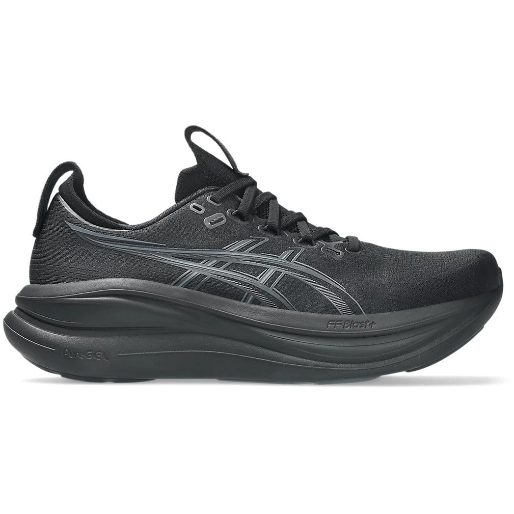 Black running shoe with brand logo on a white background