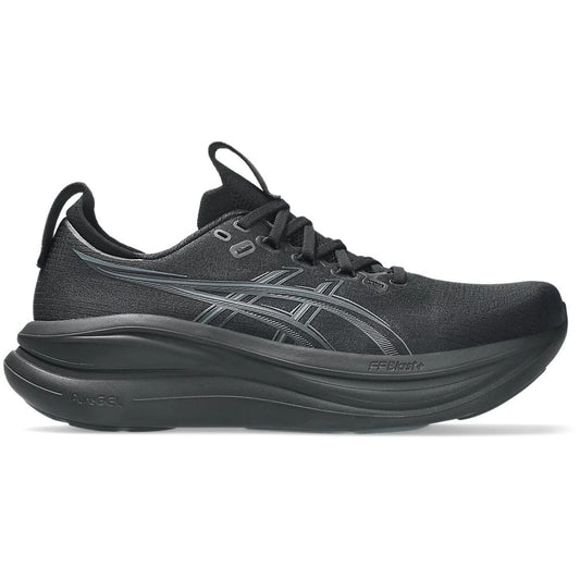 Black running shoe with brand logo on a white background