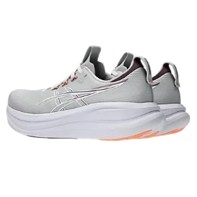 Gray running shoe with orange accents on a white background