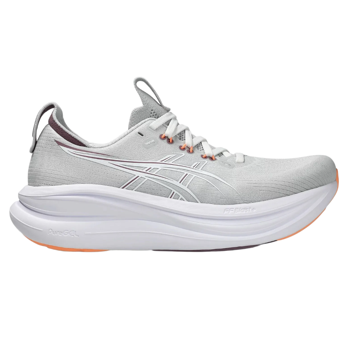 Gray running shoe with white sole on a white background