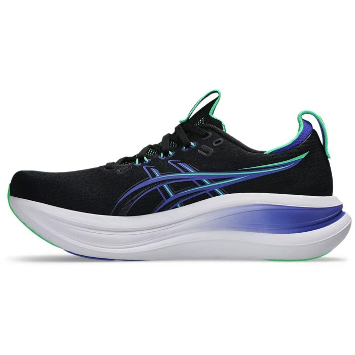 Black running shoe with blue and green accents on a white background