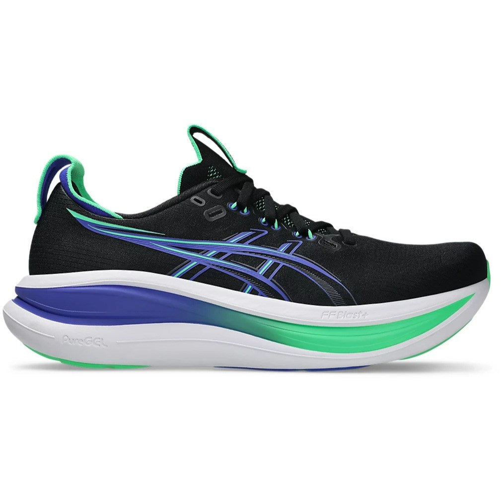 Black running shoe with blue and green accents on a white background