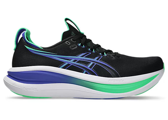 Black running shoe with blue and green accents on a white background