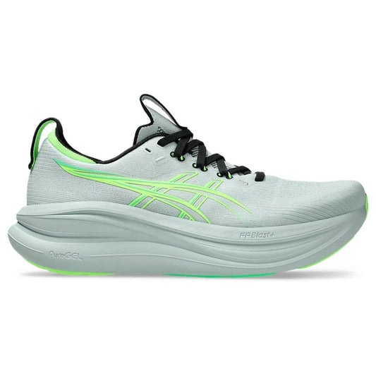Light gray running shoe with green accents on a white background
