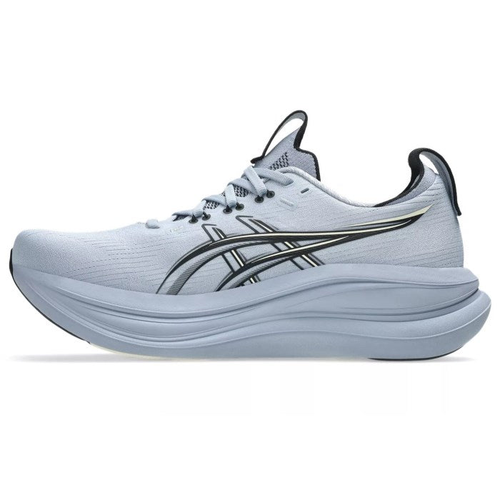 White running shoe with black accents on a white background