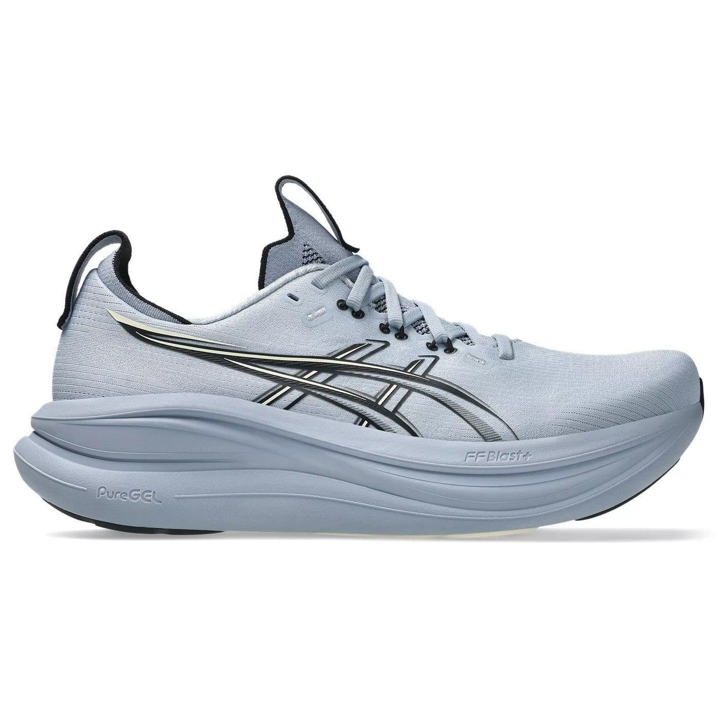 Light gray running shoe with black accents on a white background