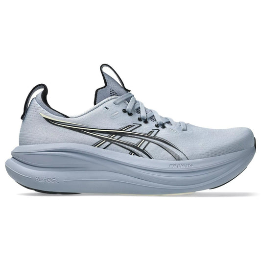 Light gray running shoe with black accents on a white background